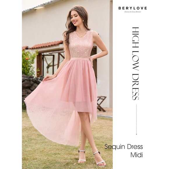 BeryLove Women Tulle Sequin Blush Chiffon Scoop Neck Sleeveless Cocktail Dresses - Picture 4 of 7